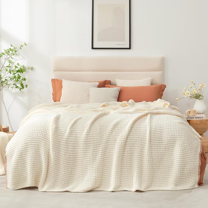 Snuggle Sac Cream Bedding Blankets Queen Size 90x90 inches, Reversible Microfiber Fluffy Fuzzy Soft Throw Cozy Knit Blanket for Women Mothers Birthday Gifts-Ruum Studio Home