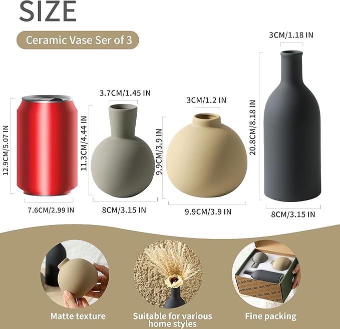 Ceramic Vase Set of 3, Flower Decorative Vases Home Decor Boho Neutral Modern Pottery Pampas Vases for Centerpiece Bouquet Table Mantel Entryway Bookshelf Living Room Bedroom Bathroom Kitchen-Ruum Studio Home
