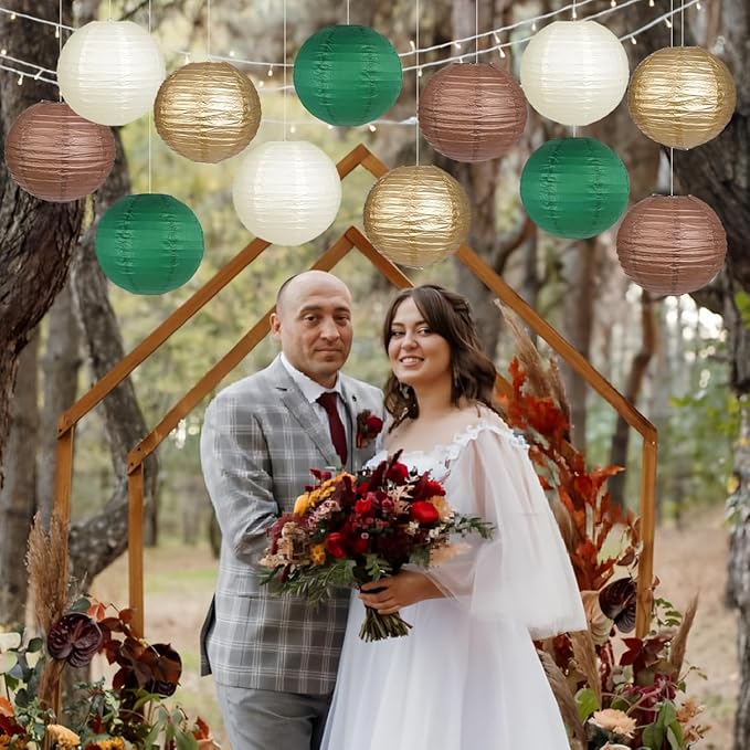 Paper Lanterns Green Brown Gold Round Hanging Chinese Lanterns for Birthday Party Gender Neutral Woodland Baby Shower Decorations Pack of 12-Ruum Studio Home