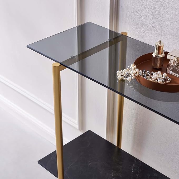 Glass Console Table for Living Room, Foyer & Entrance, 2-Tiers Mid-Century Modern Sofa Table with Grey Glass Top, Black Marble Finish Wood Shelf and Gold Finish Frame-Ruum Studio Home
