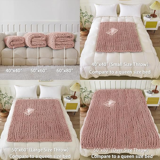 WESHIONGOO Chunky Knit Blanket Throw 50"×60" Knitted Throw Blankets for Couch Bed Fluffy Soft Blanket with Jumbo Chenille Yarn Thick 100% Handmade (Pink)-Ruum Studio Home