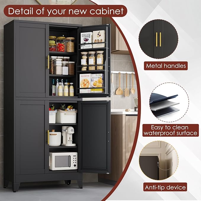 75" H Metal Storage Cabinet, Pantry with 6 Door Shelves and 4 Adjustable Shelves, Leveling Foot for Kitchen, Living Room and Dinning Room, Black-Ruum Studio Home