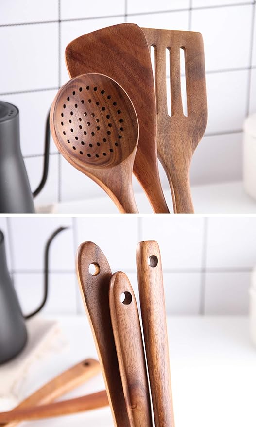 Wooden Spoons for Cooking, Cooking Utensils Set of 6 Natural Teak Wooden Cooking Spatulas with Utensils Holder Comfort Grip Wooden Kitchen Utensils for Nonstick Cookware-Ruum Studio Home