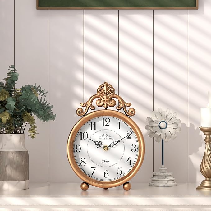 Vintage Gold Table Clock, Desk and Shelf Mantel Clock, French Rustic Antique Style Decor Clocks, for Farmhouse, Bedroom, Living Room, Bedside, Gift (9" H x 6.3" W)-Ruum Studio Home