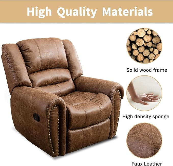 CANMOV Leather Recliner Chair Set of 2, Classic and Traditional Manual Recliner Chair with Comfortable Arms and Back,Manual Single Recliner Sofa for Living Room, Nut Brown-Ruum Studio Home