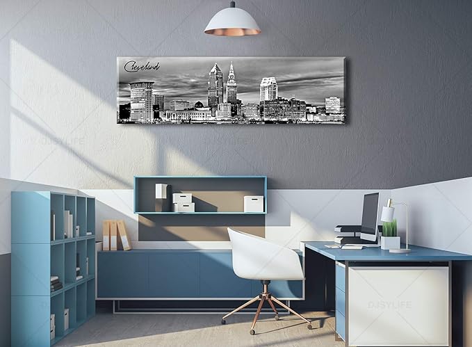 Cleveland Skyline Decor Wall Art Canvas Prints Black and White Night View USA Cityscape Panoramic Painting for Bedroom Office Framed and Ready to Hang 13.8"x47.3"-Ruum Studio Home