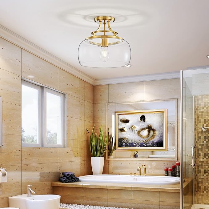 WUZUPS Chandelier Rustic Farmhouse Industrial Round Semi-flushmount Ceiling LED Light Fixture with Clear Glass Shades for Bathroom Kitchen Foyer Entryway, H 11.8" x W 13.4", E26 Base, Brushed Gold-Ruum Studio Home