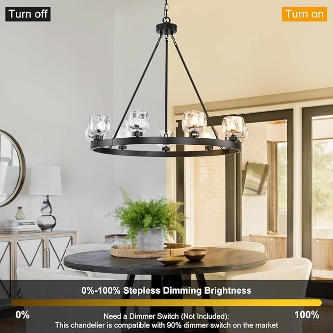 Black Wagon Wheel Chandelier, 36 Inch Black Chandeliers with Unique Glass Shade, 9-Light Crystal Farmhouse Wagon Wheel Chandeliers for Dining Room, Round Chandelier for Living Room, Foyer, Entryway-Ruum Studio Home