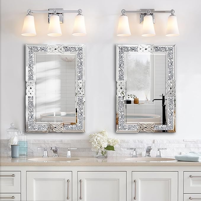 Crushed Diamond Decorative Wall Mirrors, 27.7x39.5 Inch Rectangle Living Room Mirrors for Wall Decor, Modern Glam Bathroom Dining Room Entryway Mirror Silver-Ruum Studio Home