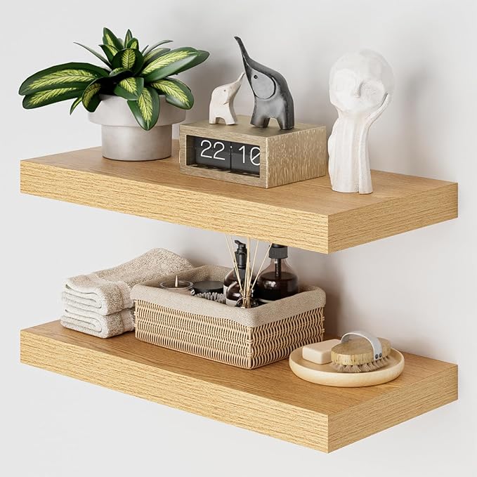 Heimlove 12" Deep Floating Shelves for Wall, 24 Inch Wall Shelf Bathroom Shelves Set of 2, Wall Mounted Shelves for Books Living Room Laundry Room Bedroom Kitchen Home Office, Oak-Ruum Studio Home