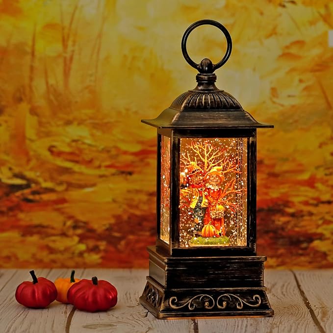 Fall Snow Globes, Scarecrow Couple with Pumpkin Scene Snow Globes, Glittering Lantern with Timer, Snow Globe Lantern USB or Battery Powered for Fall Festival Thanksgiving Day Decor-Ruum Studio Home