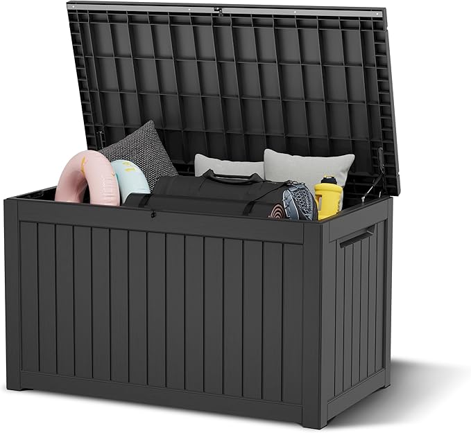 KAMABOKO 230 Gallon Outdoor Storage Box, Resin Deck Boxes Indoor and outdoor, Waterproof Storage Box Lockable Lid for Garden Tools, Package Delivery, Patio Cushions, Black-Ruum Studio Home