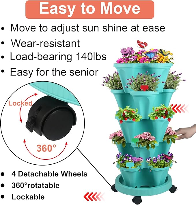 Vertical Planter, 5 Tier Stackable Strawberry Planter with Garden Tool Set, Movable Indoor/Outdoor Garden Herb Pot for Growing Vegetables and Succulents, Teal-Ruum Studio Home