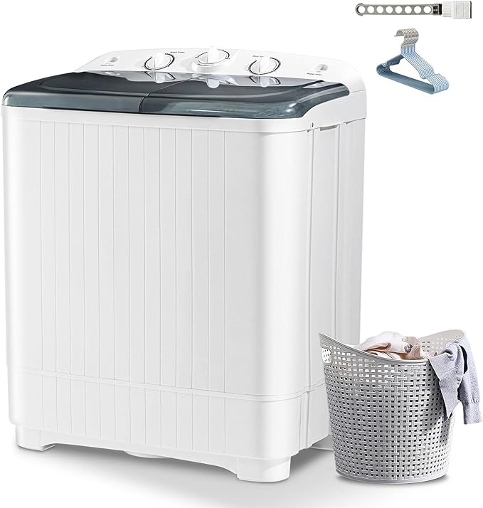Portable Mini Twin Tub 32lbs Washing Machine With Drying Rack& 10 Hangers, 20lbs Washer & 12lbs Spinner, Small Laundry Washer with Time Control for Camping, Apartments, RV (32lbs)-Ruum Studio Home