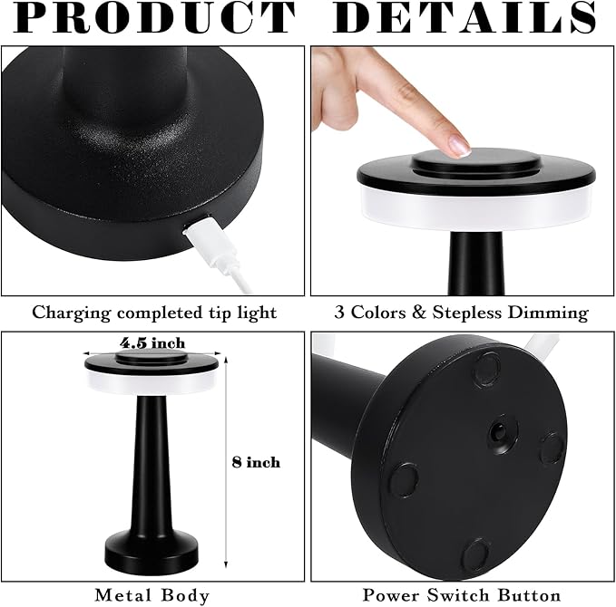 VIHOSE Set of 8 LED Portable Cordless Table Lamp with Touch Sensor 3 Color Stepless Dimming Rechargeable Battery up to 15 Hours Cordless Table Light Wireless Lamp for Nursery(Black)-Ruum Studio Home