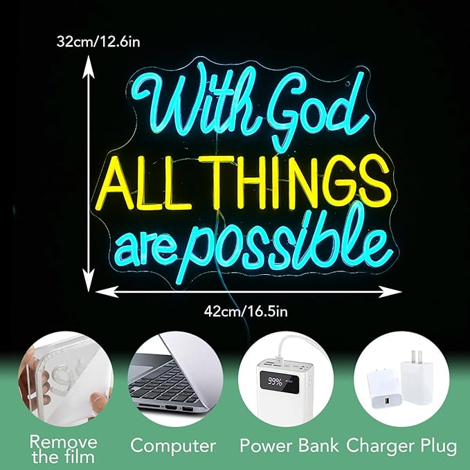 With God All Things Are Possible Neon Sign 16.5 * 12.6 Inch Led God Light Up Sign Dimmable USB Neon Light for Room Wedding Party Church Wall Decor (Ice Blue Yellow)-Ruum Studio Home