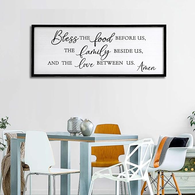 Bless the Food Before Us, the Family Beside Us, and the Love between us Framed Wall Art for Christian God Jesus Christ Prayer, 32''×12'' Positive Holy Religious Rustic Bible Verse for Dining Room-Ruum Studio Home