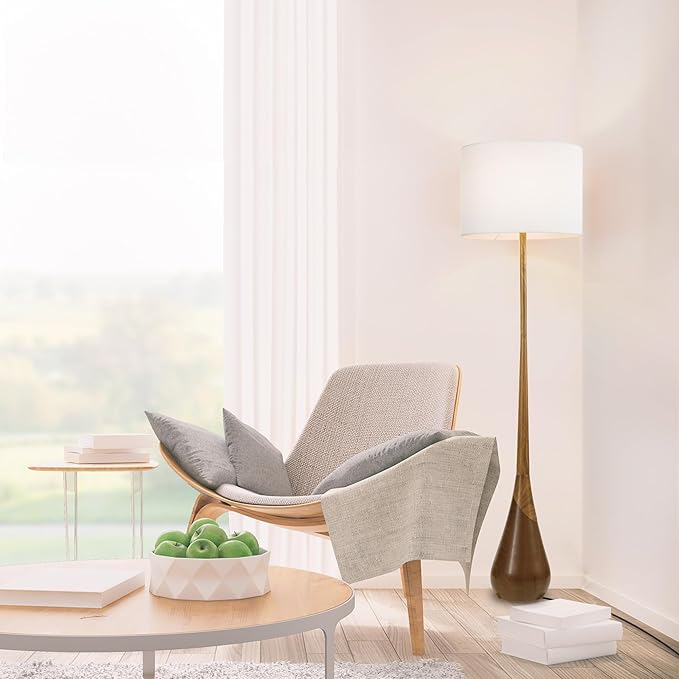 GLOBE Electric Novogratz x Harrington 65" Floor Lamp, 2-Tone Faux Wood Base, White Fabric Shade, Socket Rotary Switch 67225-Ruum Studio Home