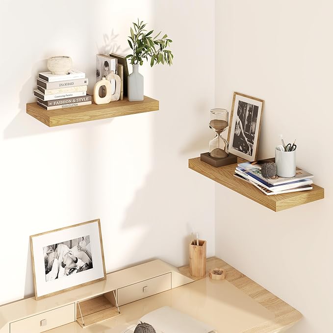 Fun Memories Floating Shelves for Wall, 8 Inch Deep Floating Wall Shelf, 16" x 8" Floating Shelves - Set of 2, Rustic Wooden Storage Shelves for Bathroom, Living Room, Kitchen-Ruum Studio Home