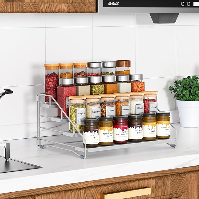 RCHYFEED 4 Tier Spice Rack Organizer, Spice Organization for Cabinet,Pantry, Countertop,Tiered Spice Rack Easy Visibility,Depth Expandable Seasoning Shelf for Kitchen Cabinet Organizer,Silver-Ruum Studio Home