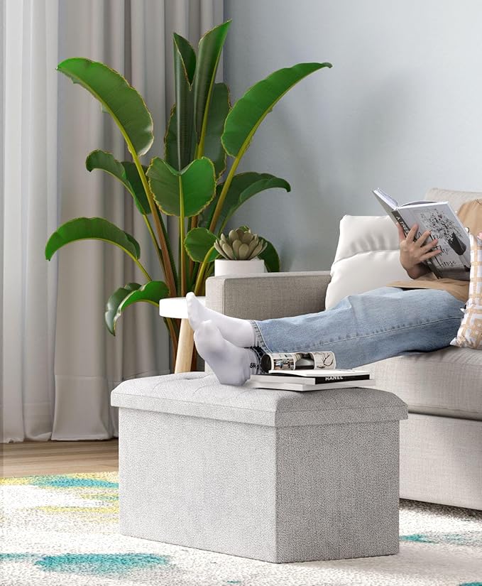 Storage Ottoman Bench, Folding Ottoman Foot Rest, 15 x 30 x 15 Inches, End of Bed Bench, Storage Chest, for Living Room, Bedroom, Hallway, Entryway, Light Gray-Ruum Studio Home