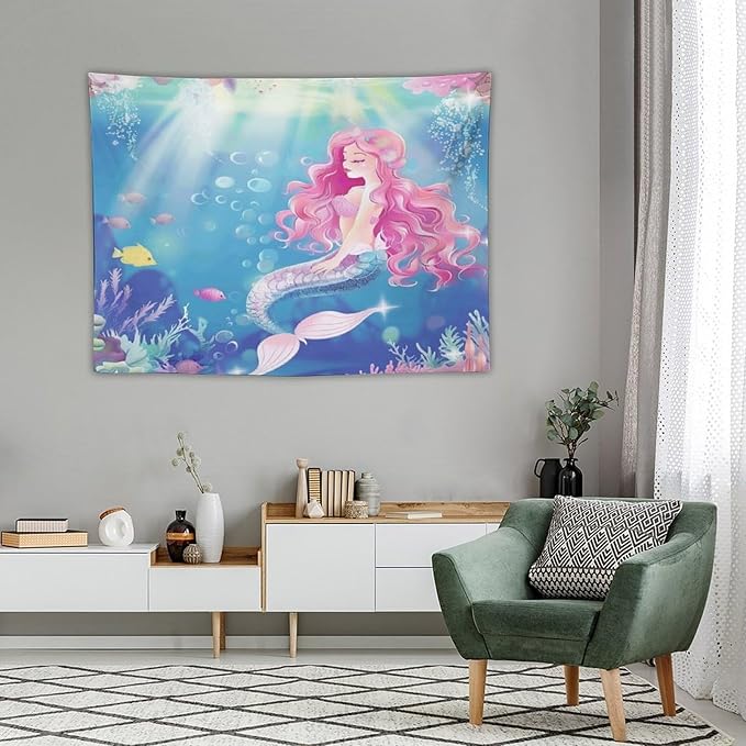 HZOHNAGO Mermaid Girls Tapestry Watercolor Mermaid Princess Pink Hair Pattern for Kids Room Decoration Printed Wall Tapestry Wall Hanging for Bedroom Living Room Dorm 40" W x 30" H-Ruum Studio Home