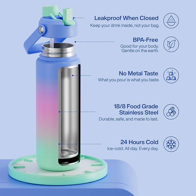 Insulated Water Bottle with Straw Stainless Steel Water Bottle, Leak-Proof, BPA-Free, Double Wall Vacuum Keeps Cold for 24 Hours for Sports, Travel, School (32 oz, Frosted Lilac)-Ruum Studio Home