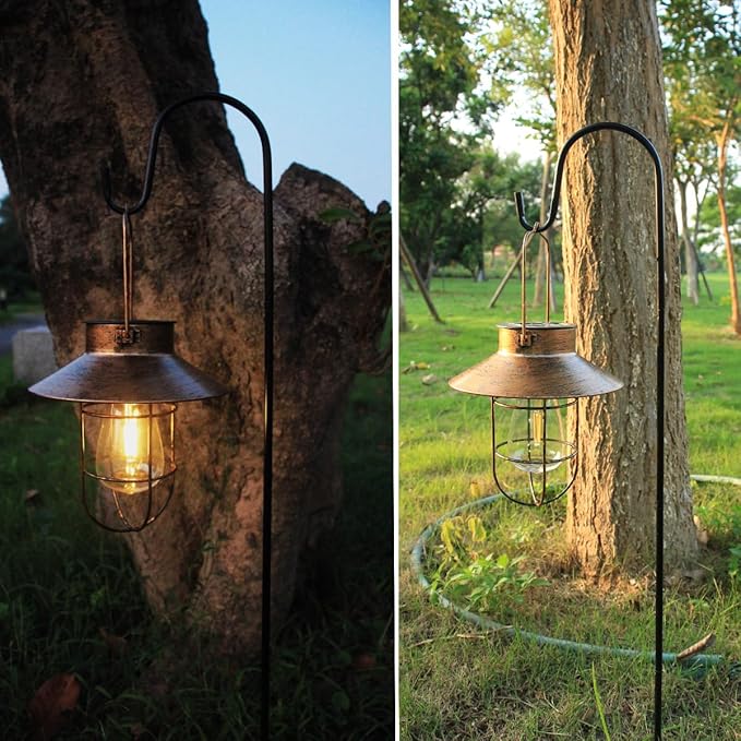 2 Pack Solar Lanterns, Outdoor Hanging Lights Metal with Shepherd Hook Warm White Edison Bulb Design for Garden and Birthday Gifts for Mom Grandma Wife ( Copper)-Ruum Studio Home
