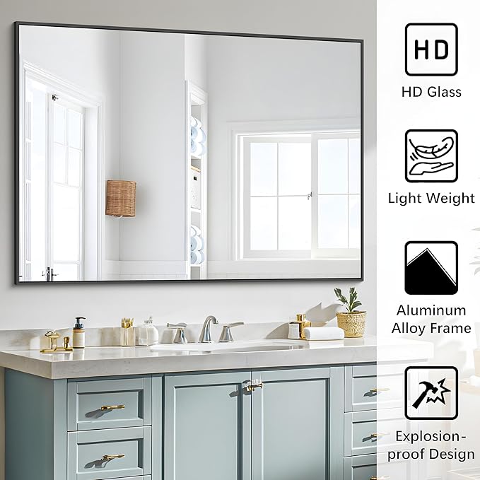 Black Bathroom Mirror, 48"X36" Rectangle Mirrors for Wall Metal Frame, Modern Vanity Wall Mirror for Bathroom Living Room, Entryway Hangs Horizontal or Vertical-Ruum Studio Home