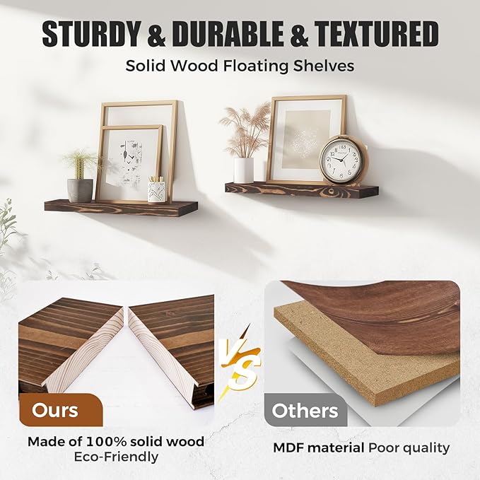 Floating Wall Shelves - 16"x6.8"x1.2" Sturdy Rustic Brown Solid Wood Shelves for Storage and Décor, Easy Installation for Living Room, Bedroom, and Kitchen - 2 Pack-Ruum Studio Home