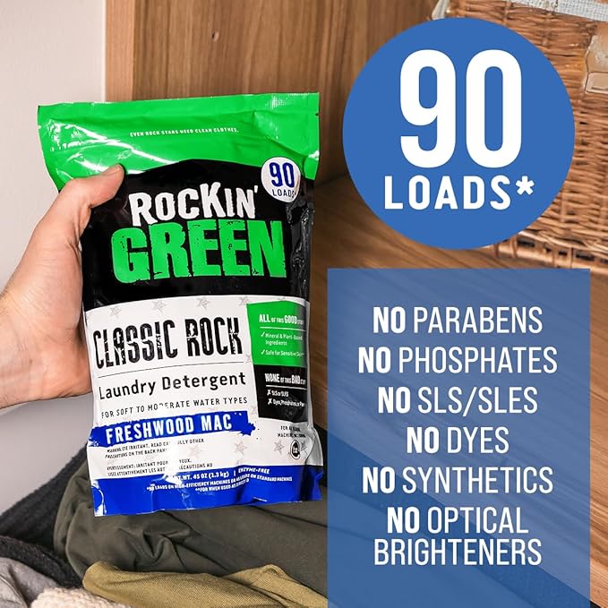 Rockin' Green Classic Rock Laundry Detergent (90 Loads), Plant based, All Natural Laundry Detergent Powder, Vegan and Biodegradable Odor Fighter, Safe for Sensitive Skin, 45 oz (Freshwood Mac)-Ruum Studio Home