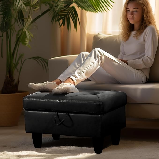 Ottoman Rectangular Storage Ottoman Bench, Faux Leather Footrest, Coffee Table, Stool Footstool with Hinged Lid for Living Room, Bedroom, Entryway, Black, 28.5"x19"x17.5"-Ruum Studio Home