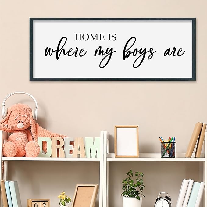 SRSZHIYUE Home Is Where My Boys Are Sign Wall Art Decor 40"×15" for Family Bedroom Large Wood Framed Wall Hanging (Black)-Ruum Studio Home