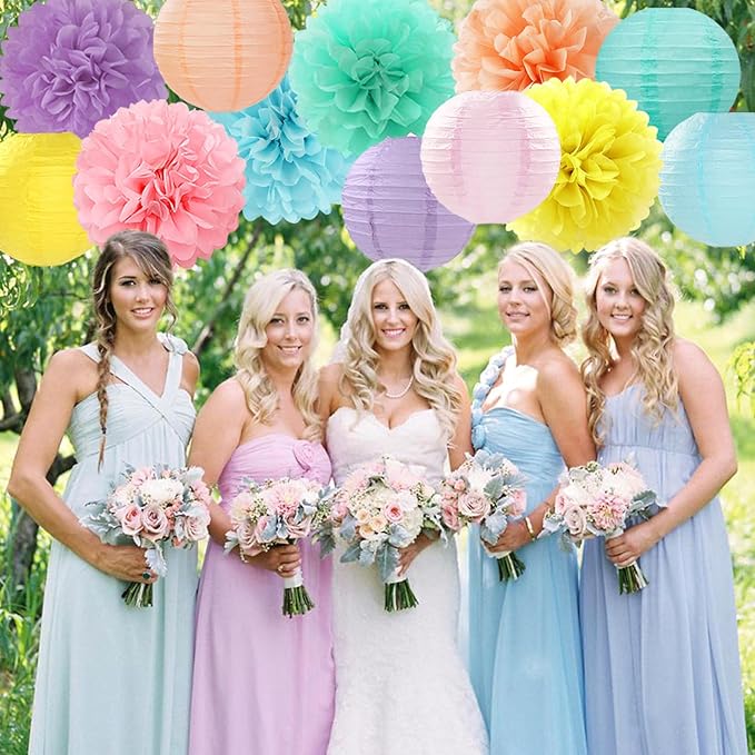 Pastel Rainbow Colorful Party-Decorations Paper Flowers Lanterns - 15PCS Birthday Classroom Baby Shower Tissue Pom Poms Streamers, Macaron Carnival Theme Hanging Supplies Decor Hugfond-Ruum Studio Home