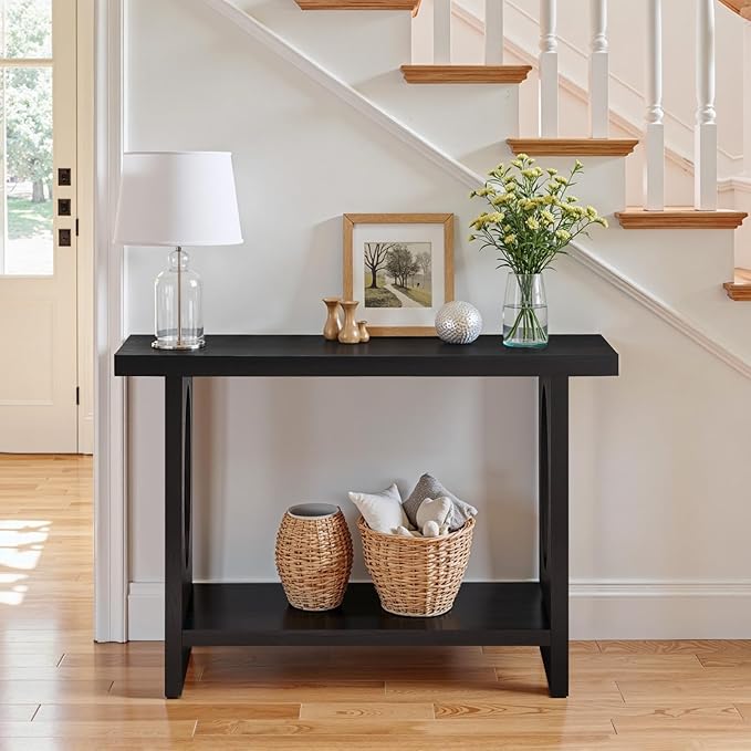 BECHAEO 47-Inch Modern Narrow Console Tables with Solid Wood Veneer - 2’’ Thickened Tabletop, 2-Tier Slim Sofa Table Behind Couch, Rectangle Entryway Table for Hallway Living Room, Black Oak-Ruum Studio Home