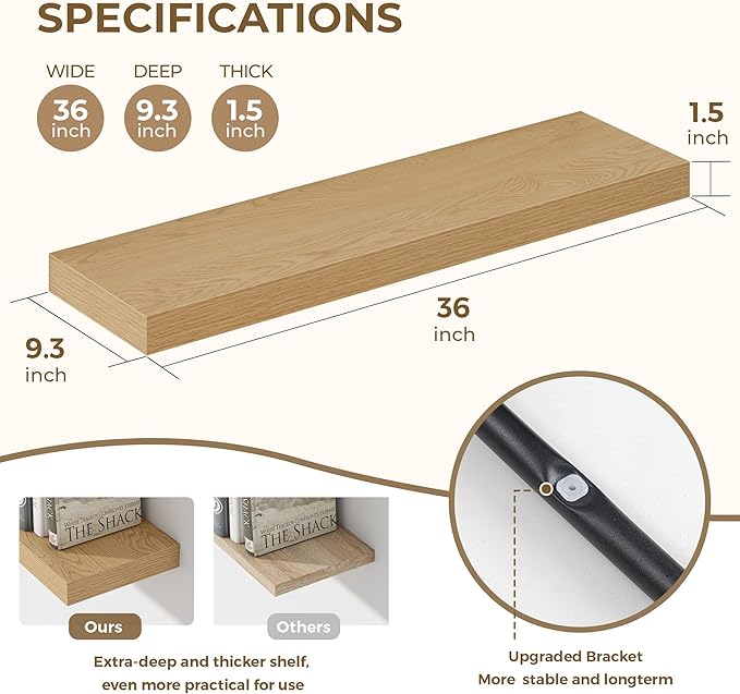 Dreamland 36 Inches Floating Shelves for Wall, 9.3" Deep Long Floating Shelves Set of 2, Large Display & Storage Shelf, Wall Shelf for Bathroom Bedroom Living Room Kitchen Office, Oak-Ruum Studio Home