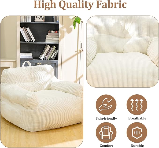 Bean Bag Chair for Adults - Faux Fur, Fluffy and Comfy with Filler, Big Sofa for Reading, Gaming (Beige, Oversize)-Ruum Studio Home