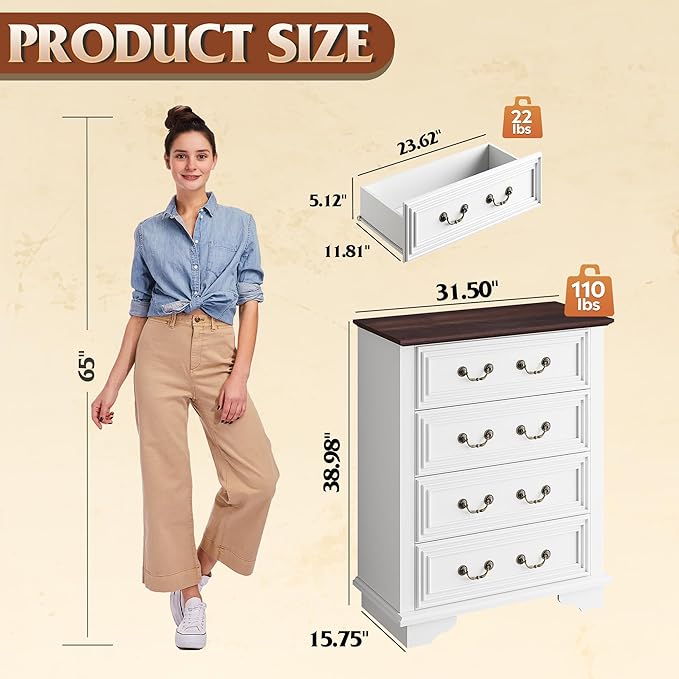 WLIVE Farmhouse Dresser for Bedroom, Tall Wood Dresser with 4 Drawers, Chest of Drawers with Roman Metal Handle for Living Room, Hallway, Closet, White-Ruum Studio Home