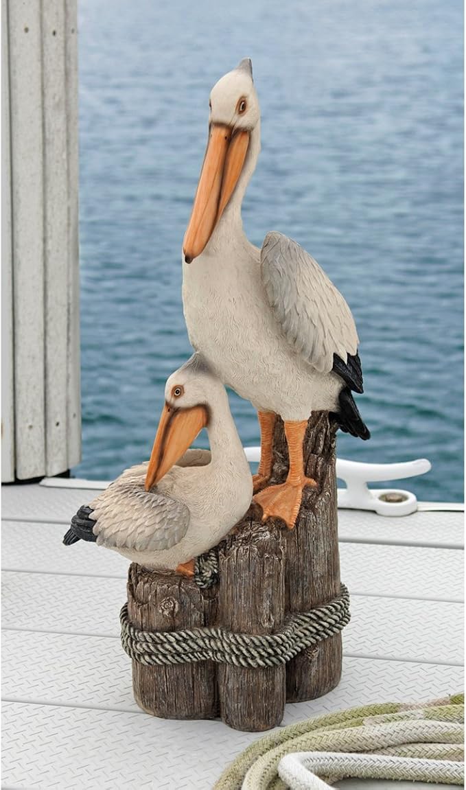 Design Toscano Coastal Decor Ocean's Perch Pelicans Garden Bird Statue, 9 Inch Wide, 24 Inch Tall, Cast Stone Resin, Full Color Finish-Ruum Studio Home