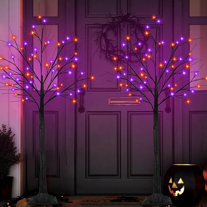 2Pack 5FT 200LED Black Halloween Tree Lights, Timer Function Lighted Black Trees with Purple and Orange Lights, Spooky Trees Light for Indoor Outdoor Halloween Decorations-Ruum Studio Home