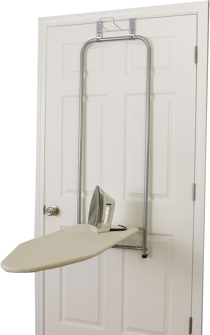 Household Essentials 144222 Over The Door Small Ironing Board with Iron Holder, Natural Cotton Cover Silver-Ruum Studio Home