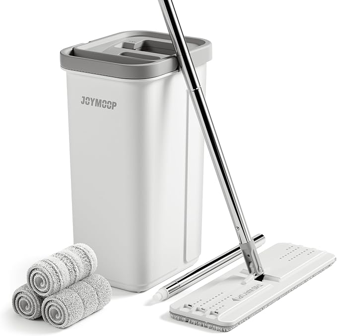 JOYMOOP Mop and Bucket with Wringer Set, Hands Free Flat Floor Mop and Bucket, 60" Mop with 3 Reusable Microfiber Pads, Wet and Dry Use, Floor Cleaning System-Ruum Studio Home