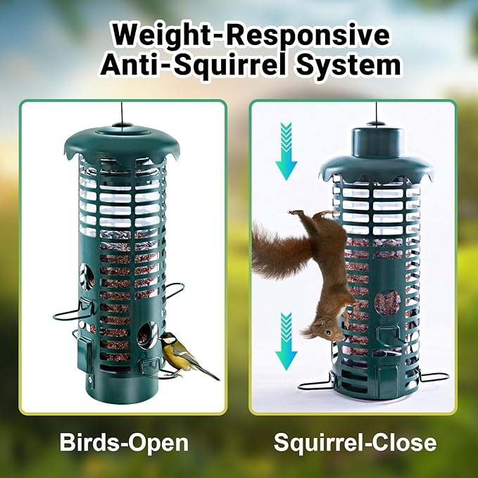 Squirrel Proof Bird Feeder Metal Mesh for Outdoors Hanging,Weight Activated Weatherproof Wild Bird Feeders with Finch Cardinal Chickadee,Large Capacity(Green)-Ruum Studio Home