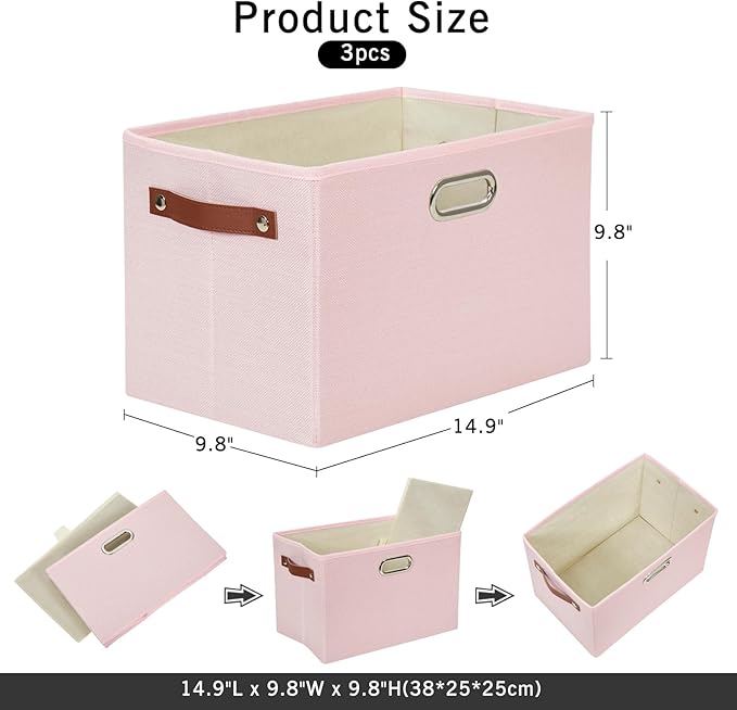 Large 3-Pack Foldable Fabric Storage Bins with Durable PU & Metal Handles, Collapsible Storage Baskets for Shelves, Home Storage, Closet Organizers, Living Room(14.9"x9.8"x9.8", Pink)-Ruum Studio Home