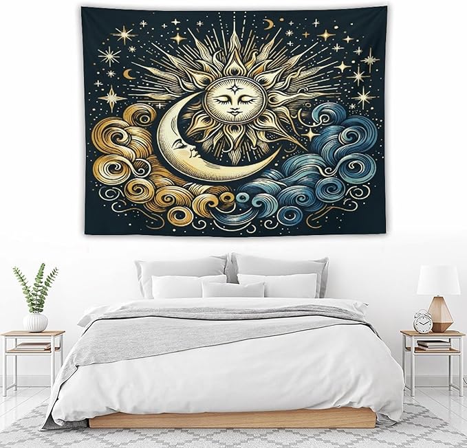 HZOHNAGO Sun Moon Tapestry Boho Golden Stars Pattern Printed Wall Tapestry Wall Hanging for Bedroom Living Room Dorm 80" W x 60" H-Ruum Studio Home