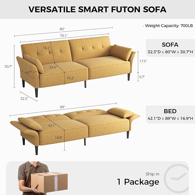 89” Futon Sofa Bed, Linen Comfy Futon Couch Bed with 2 Square Pillows, Convertible Sleeper Sofa with Adjustable Backrest& Armrests, Modern Loveseat Sleeper for Living Room, Bedroom, Yellow-Ruum Studio Home