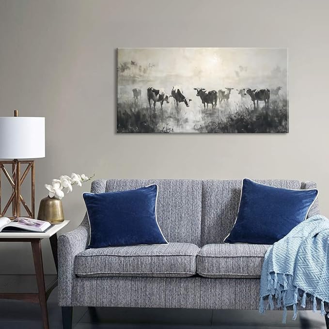 LASMOND Black and White Cow Wall Art for Living Room Ink Wash Canvas Painting Prints Morning Cattle Vintage Country Farmhouse Artwork Bedroom Office Decor (40x20 Inches)-Ruum Studio Home