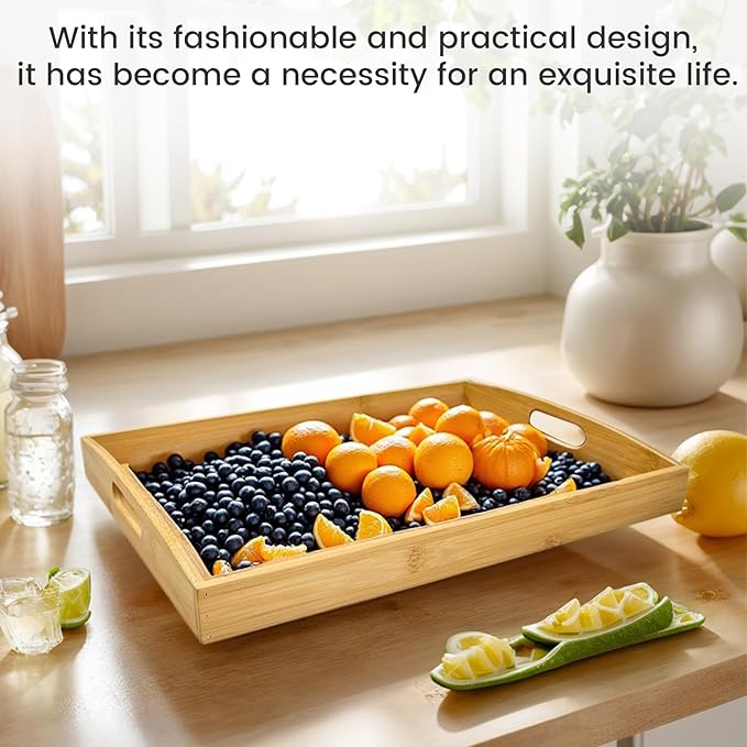 Larger Bamboo Serving Tray with Handles - Decorative Wooden Trays for Eating, Working, and Storing, Suitable for Use in Bedroom, Living Room, Kitchen, Bathroom, Outdoor Scenarios and More-Ruum Studio Home