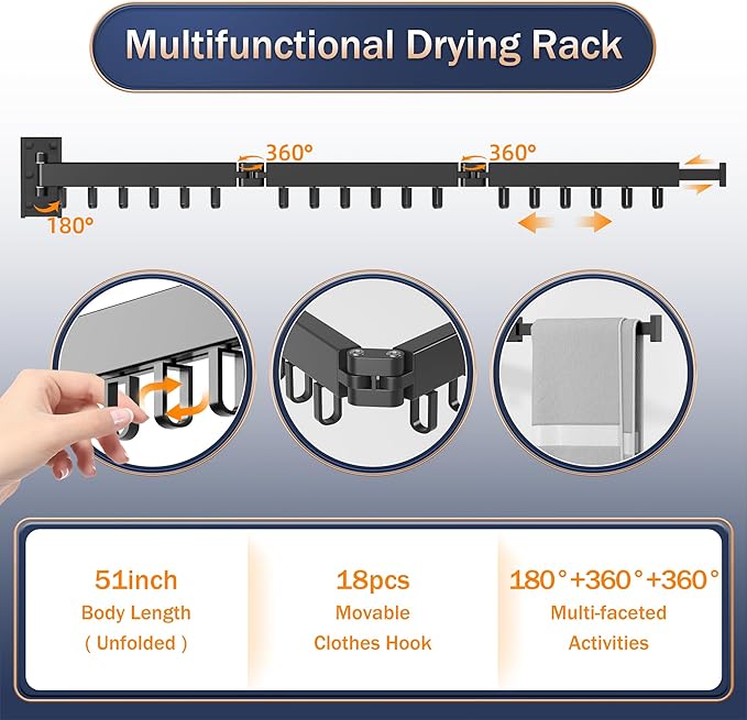 Space Saver Clothes Drying Rack, Wall Mounted, Retractable, Collapsible(Tri-Fold), for Balcony, Bathroom, Black Color-Ruum Studio Home