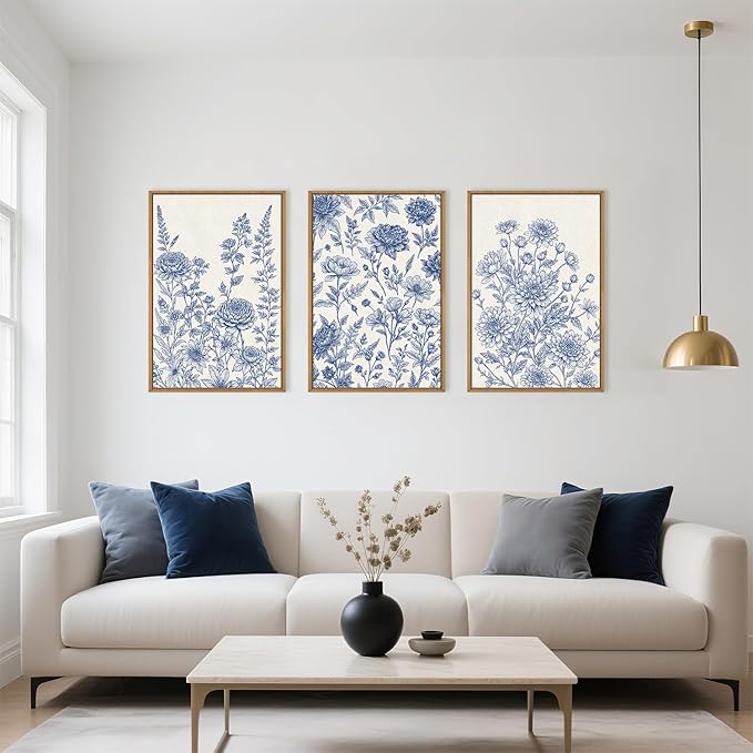 Classic Chinoiserie Floral Framed Canvas Wall Art Set, Blue and White Flower Wall Decor, Navy Watercolor Wall Painting, Minimalist Wildflower Art Print for Living Room, Bedroom - 24"x36"×3-Ruum Studio Home
